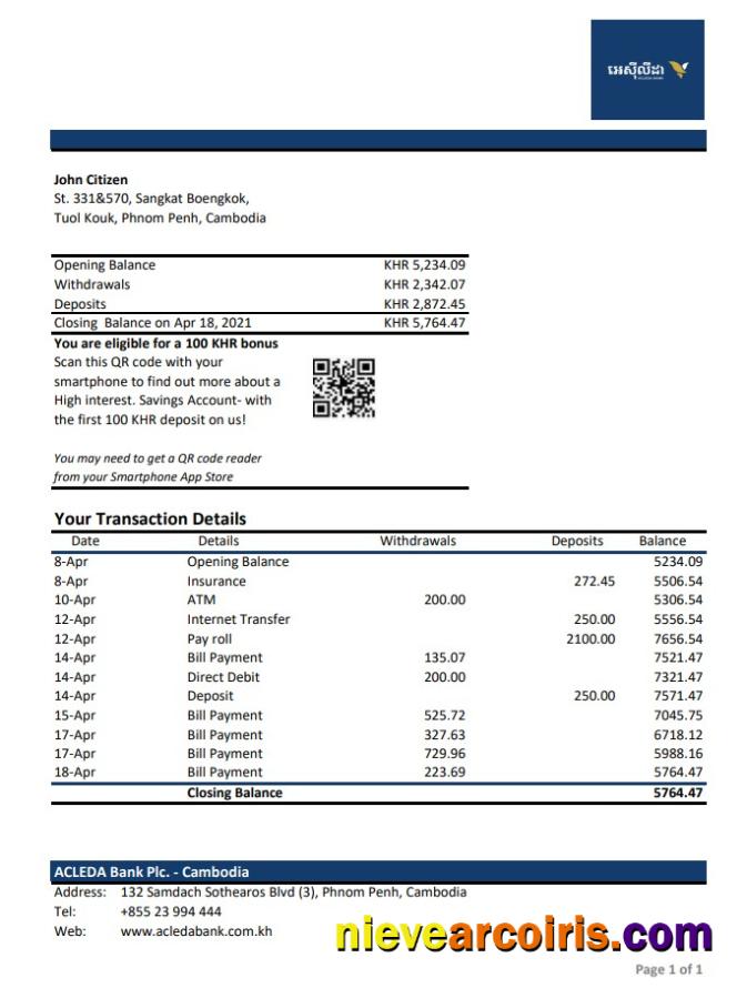 Cambodia Acleda bank statement